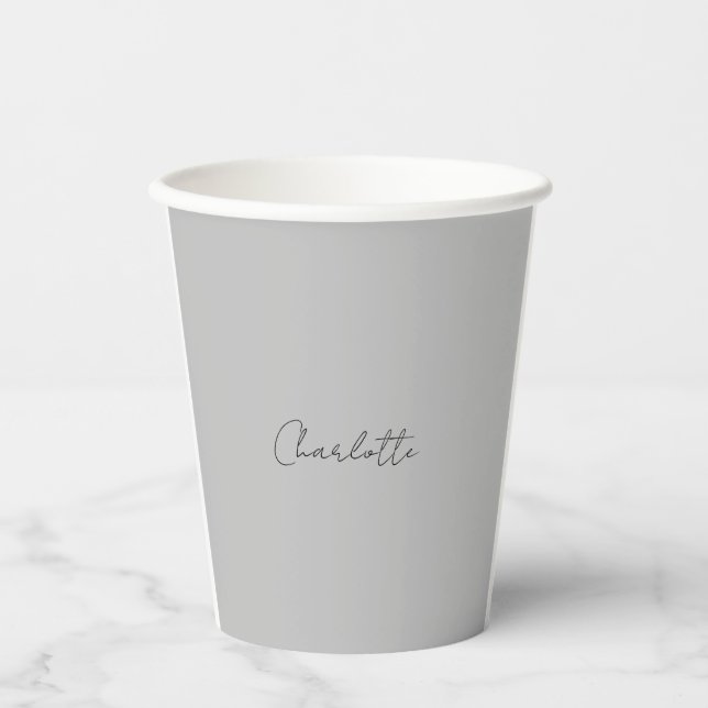 Minimalist Handwritten Script Name Grey Paper Cups (Front)
