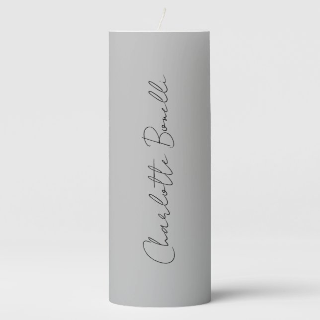 Minimalist Handwritten Script Name Grey Pillar Candle (Front)