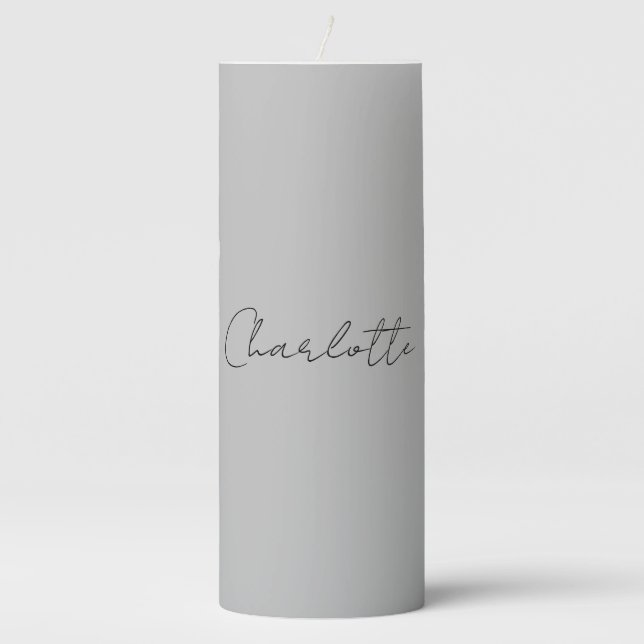 Minimalist Handwritten Script Name Grey Pillar Candle (Front)
