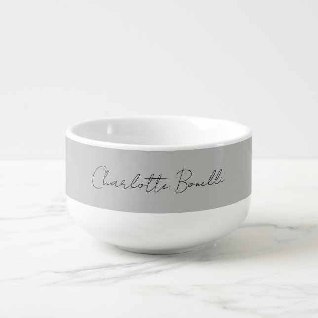 Minimalist Handwritten Script Name Grey Soup Mug (Front)