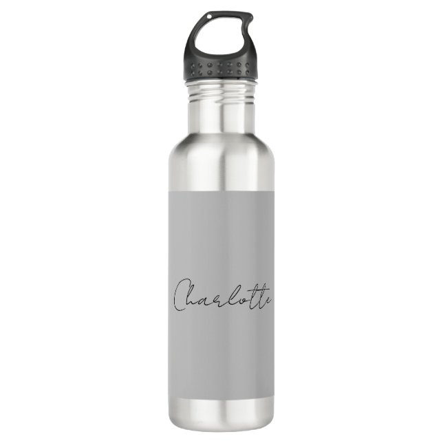 Minimalist Handwritten Script Name Grey Stainless Steel Water Bottle (Front)