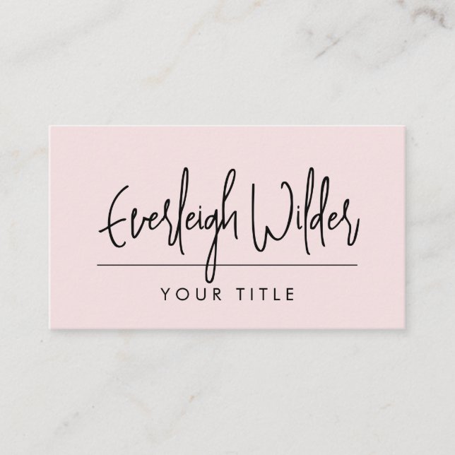 Minimalist Handwritten Script Signature Pink Busin Business Card (Front)