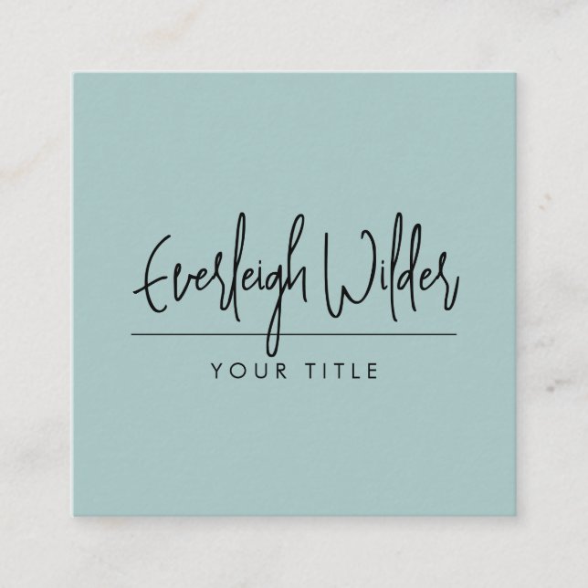 Minimalist Handwritten Script Smoky Blue Green Square Business Card (Front)