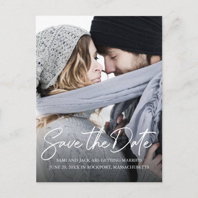 Minimalist Handwritten White Calligraphy Photo Announcement Postcard (Front)