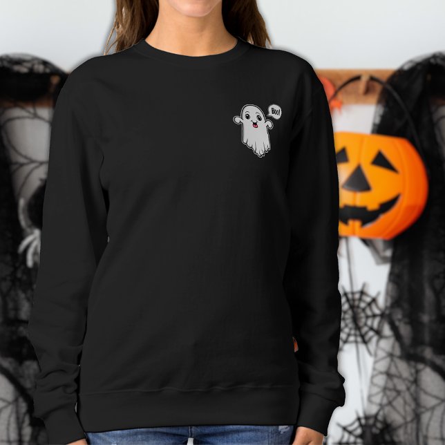 Minimalist Happy Ghost Saying Boo Halloween Sweatshirt (Cute minimal ghost design for the spooky Halloween season.)