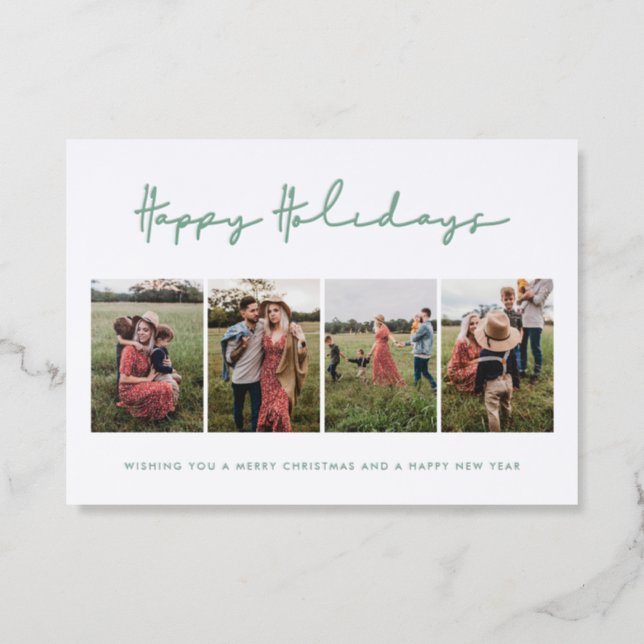 Minimalist Happy Holidays 4 Photo Collage Letterpress Photo Cards (Front)