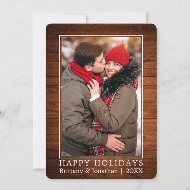 Minimalist Happy Holidays Couple Photo Wood Holiday Card (Front)