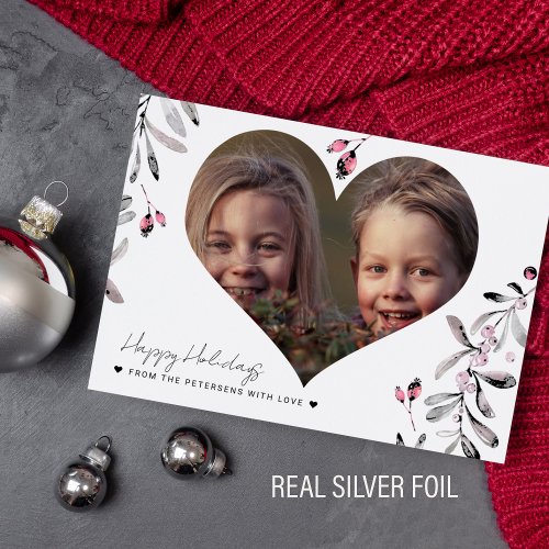 Minimalist Happy Holidays photo silver Foil Holiday Card