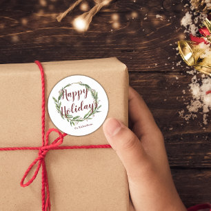 Minimalist Happy Holidays Watercolor Pine Wreath Classic Round Sticker
