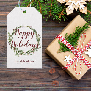 Minimalist Happy Holidays Watercolor Pine Wreath Gift Tags