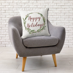 Minimalist Happy Holidays Watercolor Pine Wreath Throw Pillow