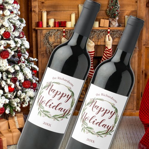 Minimalist Happy Holidays Watercolor Pine Wreath Wine Label