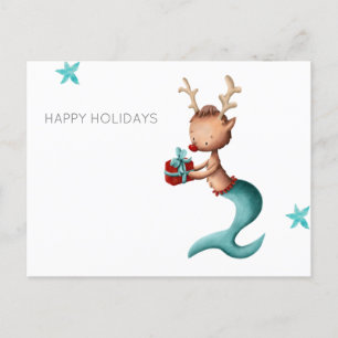 Minimalist Happy Holidays with Reindeer Mermaid Holiday Postcard