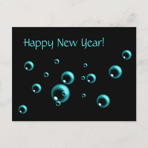 Minimalist Happy New Year Aqua Bubbles on Black Holiday Postcard