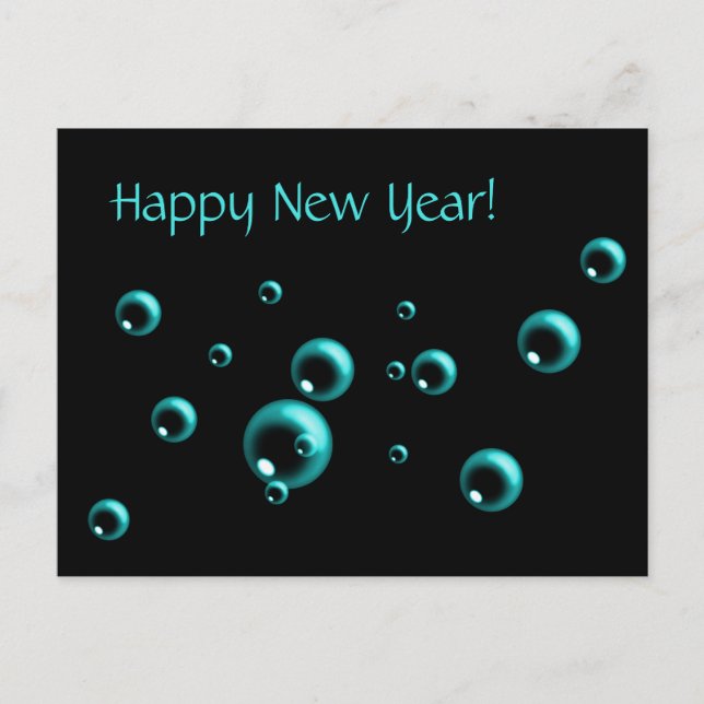 Minimalist Happy New Year Aqua Bubbles on Black Holiday Postcard (Front)