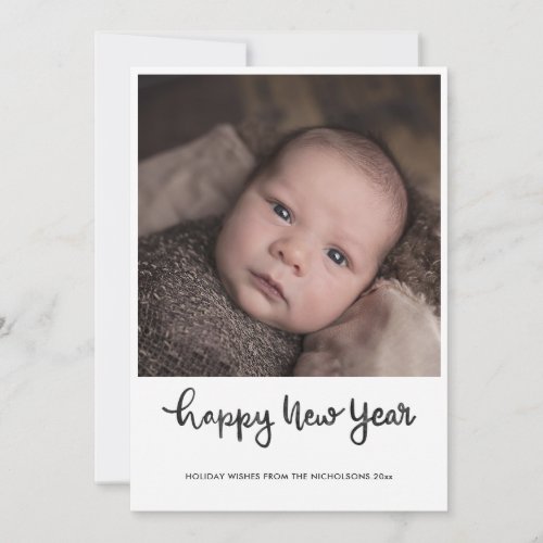Minimalist Happy New Year Baby Photo Script Photo Holiday Card