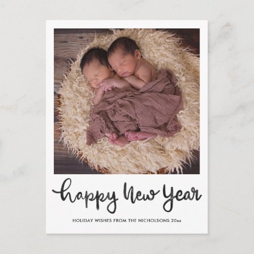 Minimalist Happy New Year Baby Photo Script Photo Holiday Postcard
