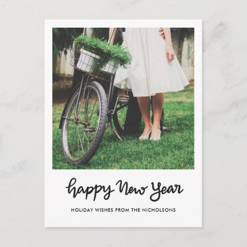 Minimalist Happy New Year Handwritten Script Photo Holiday Postcard