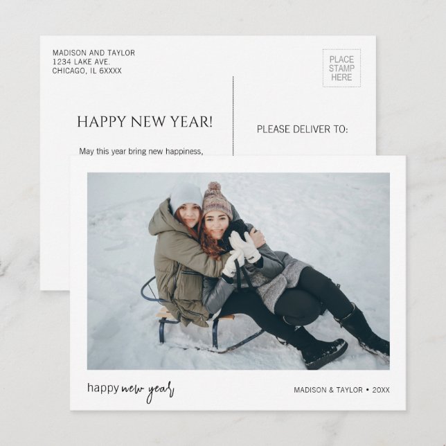 Minimalist Happy New Year Photo Holiday Postcard (Front/Back)