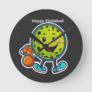 Minimalist Happy Pickleball Cartoon Sticker Round Clock