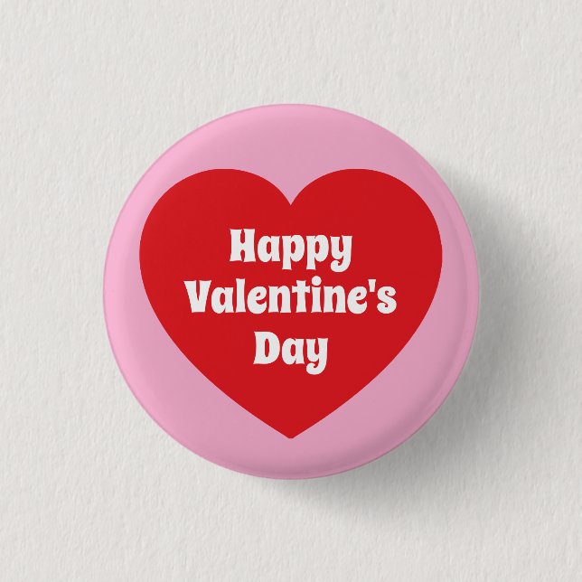 Minimalist Happy Valentine's Day Red Heart Pink Button (Front)