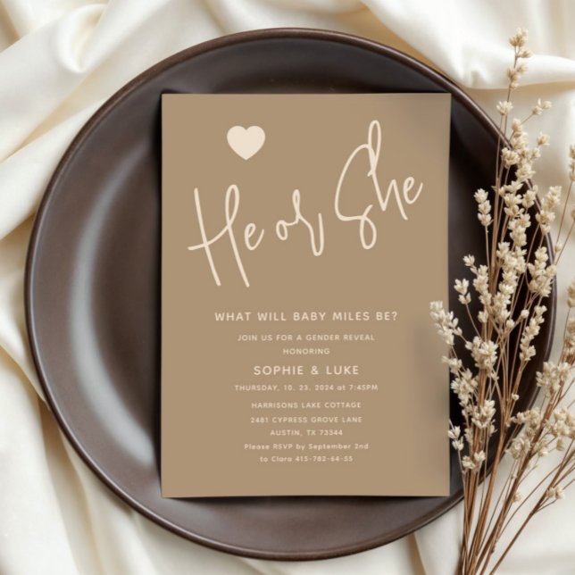 Minimalist He or She Brown Gender Reveal Invitation (Creator Uploaded)