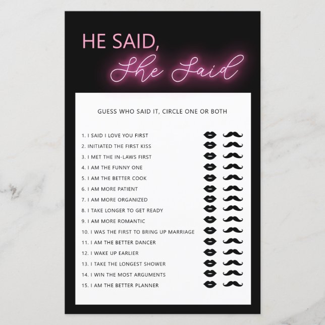 Minimalist he said she said bridal shower game (Front)