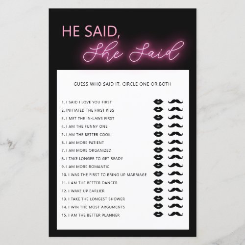 Minimalist he said she said bridal shower game