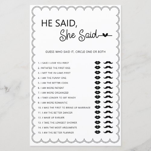 Minimalist he said she said bridal shower game