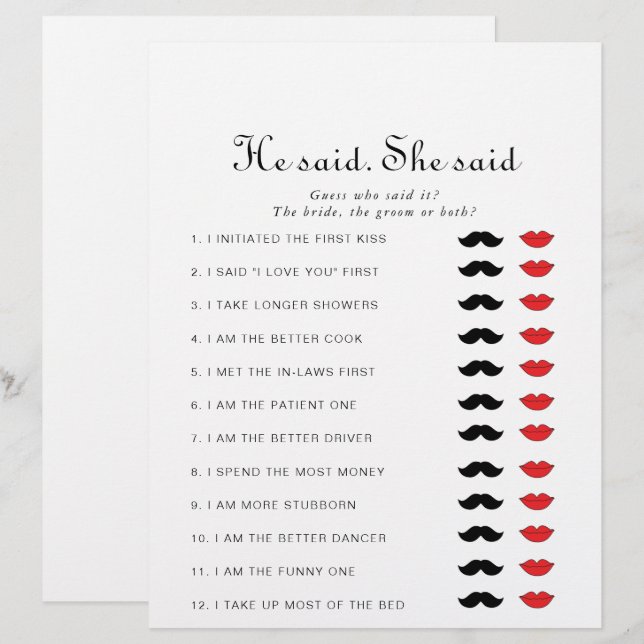 Minimalist He Said She Said Bridal Shower Game (Front/Back)
