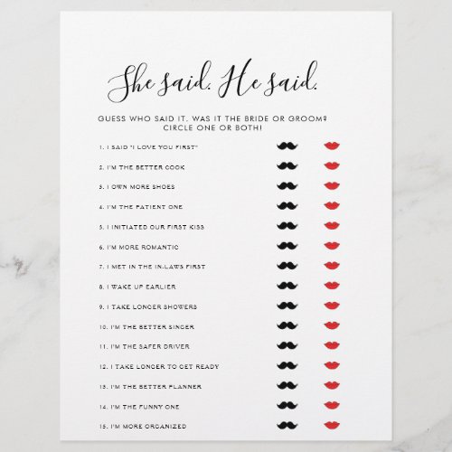 Minimalist He Said She Said Bridal Shower Game