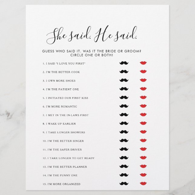 Minimalist He Said She Said Bridal Shower Game (Front)