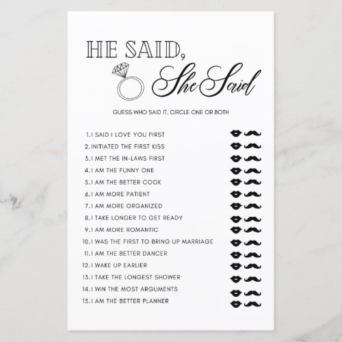 Minimalist He said she said bridal shower game