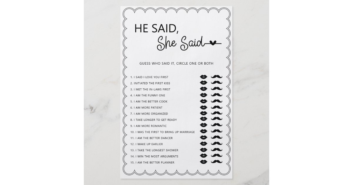 Minimalist he said she said bridal shower game fly flyer Zazzle