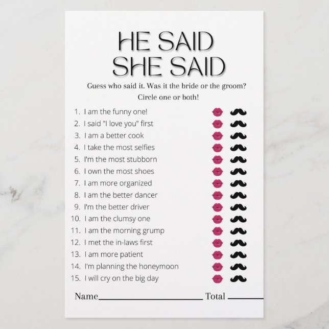 Minimalist He Said She Said Bridal shower Game Flyer (Front)
