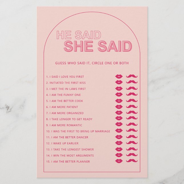 Minimalist he said she said bridal shower game flyer (Front)
