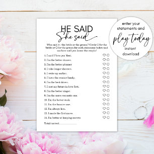 Minimalist He said She Said Bridal Shower Game Invitation
