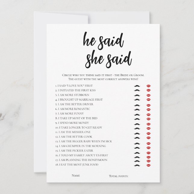 Minimalist He Said, She Said Bridal Shower Game Invitation (Front)