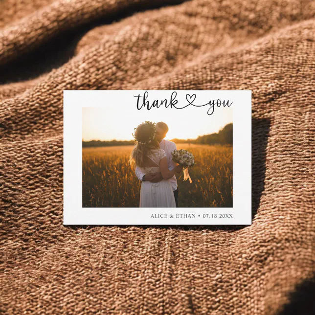 Minimalist Heart Calligraphy Photo Wedding Thank You Card | Zazzle