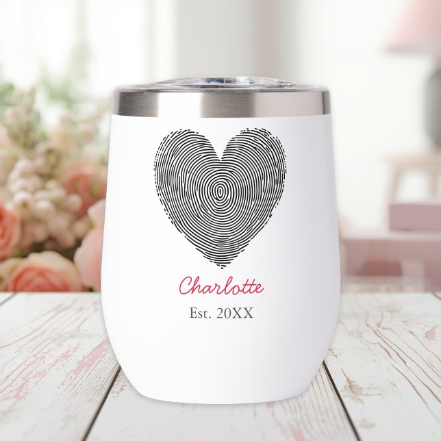 Minimalist Heart Fingerprint Personalized Name  Thermal Wine Tumbler (Creator Uploaded)