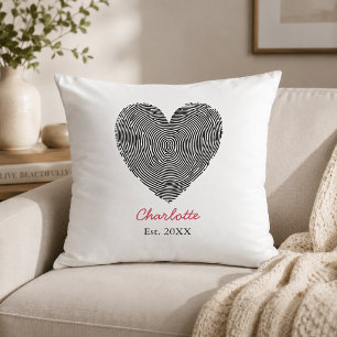 Minimalist Heart Fingerprint Personalized Name Throw Pillow