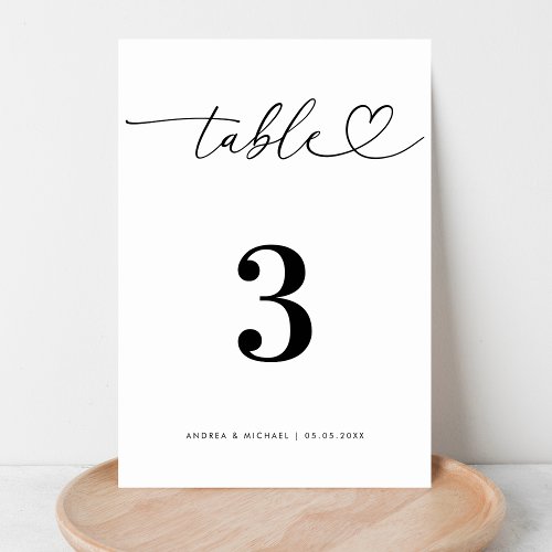 Minimalist Heart Script Black and White Wedding    Table Number