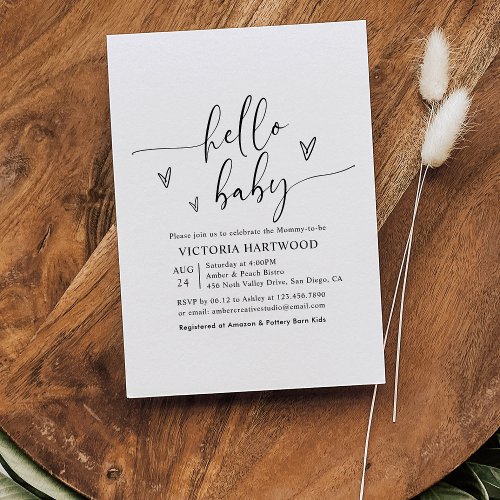 Minimalist Heart Script Hello Baby Shower Invitation