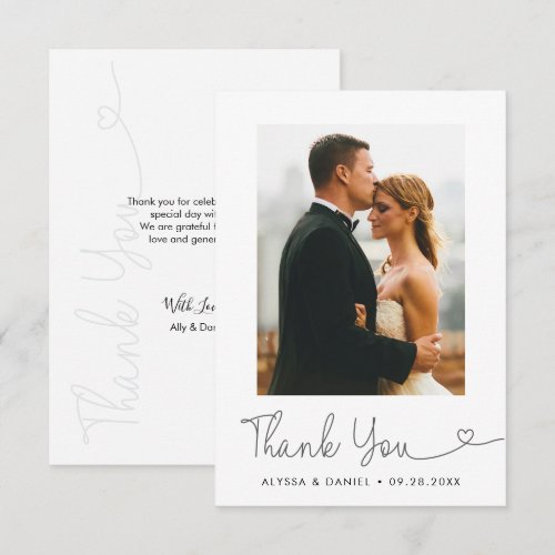 Minimalist Heart script thank you Wedding Photo Card