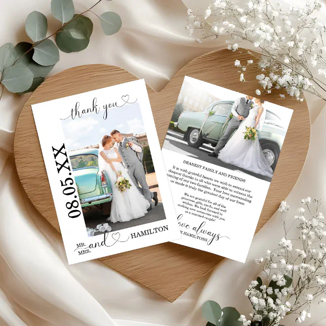 Minimalist Heart Script Wedding Photo Thank You Card | Zazzle