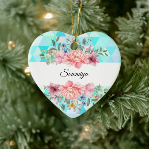 Minimalist heart shaped floral  ceramic ornament