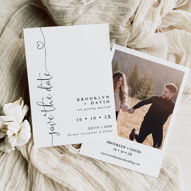 Minimalist Heart Text Wedding Save The Date Card (Minimalist wedding save the date featuring a heart calligraphy heading and couples photo on the back)