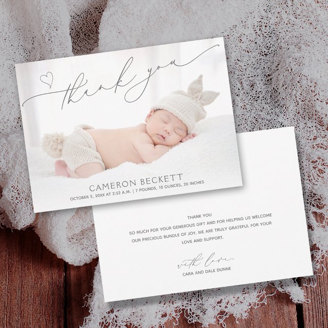 Minimalist Heart Thank You Baby Photo Birth Announcement (Baby photo birth announcement flat thank you cards with your message on the back)