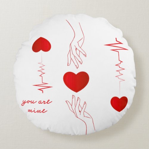 Minimalist Heartbeat and Hands Love Mug – Romantic Round Pillow