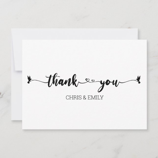 Minimalist Hearts and Bird Calligraphy Thank You Card (Front)